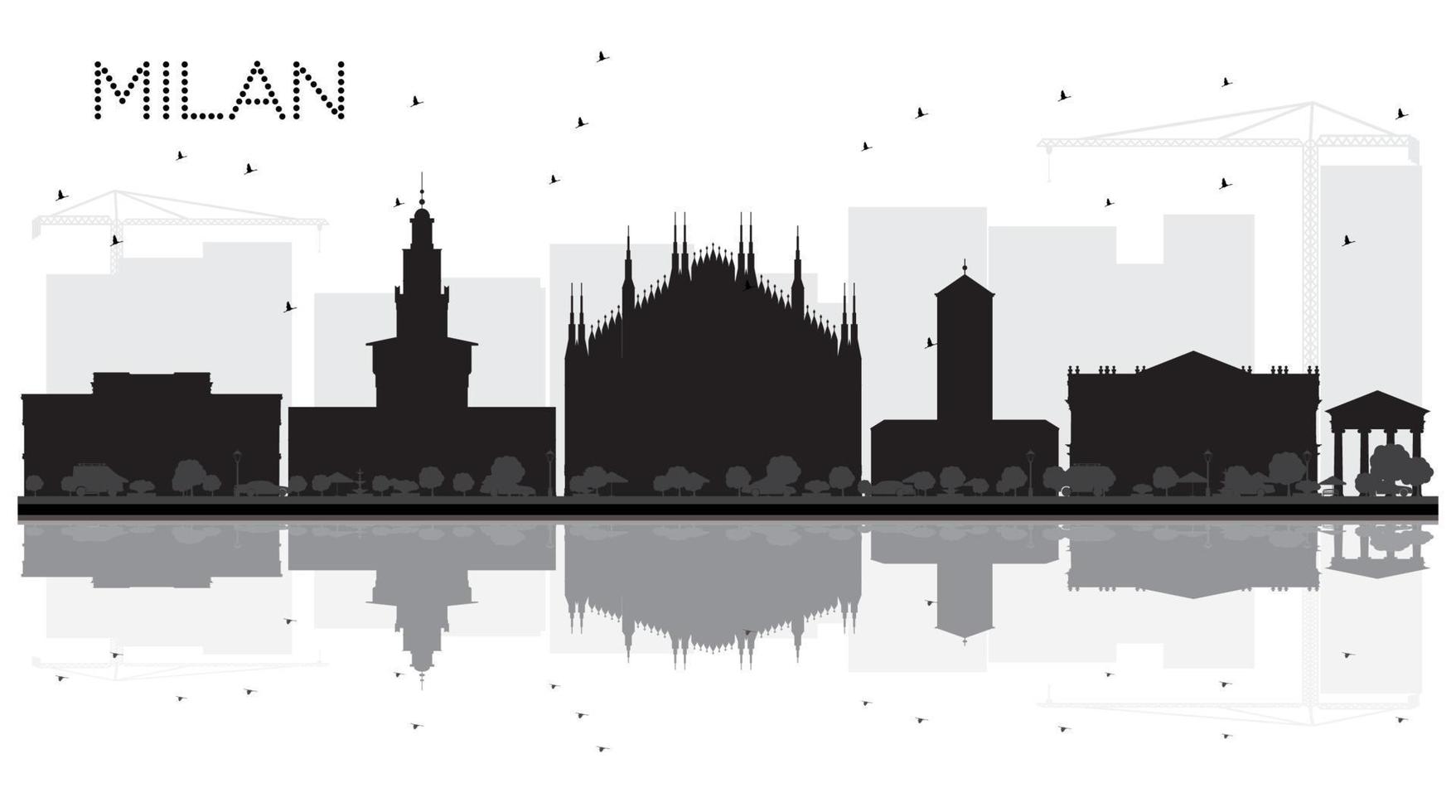 Silueta en blanco y negro del horizonte de la ciudad de Milán con reflejos. vector