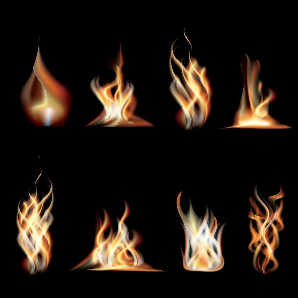 Realistic Burning Fire Flames Set. vector