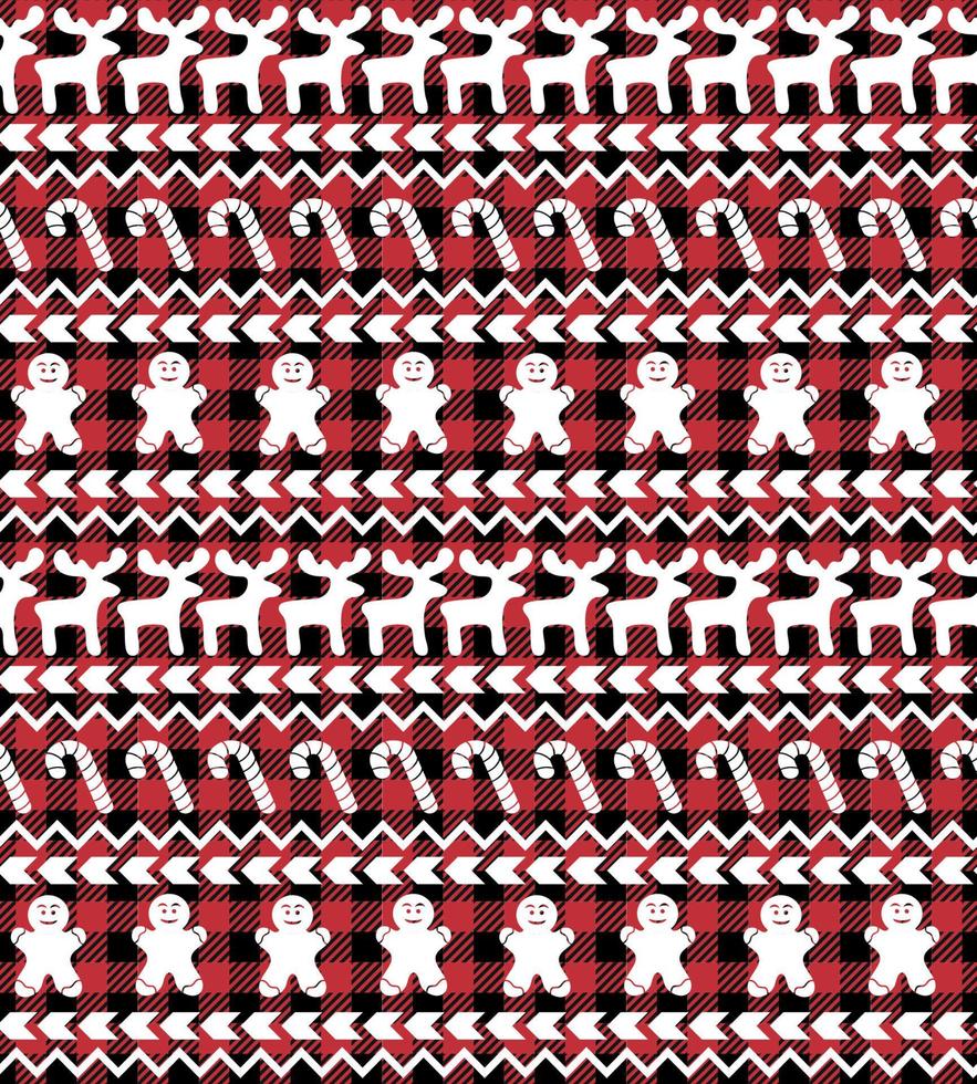 Buffalo plaid Christmas Jingle Bells on the background of the music page. Festive seamless pattern. Vector illustration.