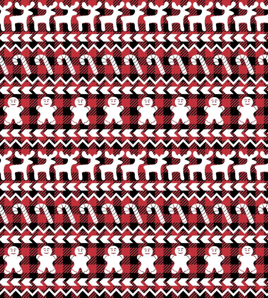 Buffalo plaid Christmas Jingle Bells on the background of the music page. Festive seamless pattern. Vector illustration.