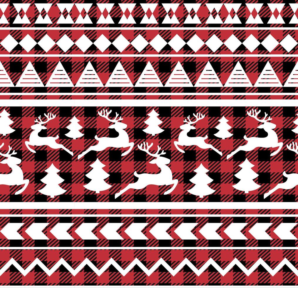 Buffalo plaid Christmas Jingle Bells on the background of the music page. Festive seamless pattern. Vector illustration.