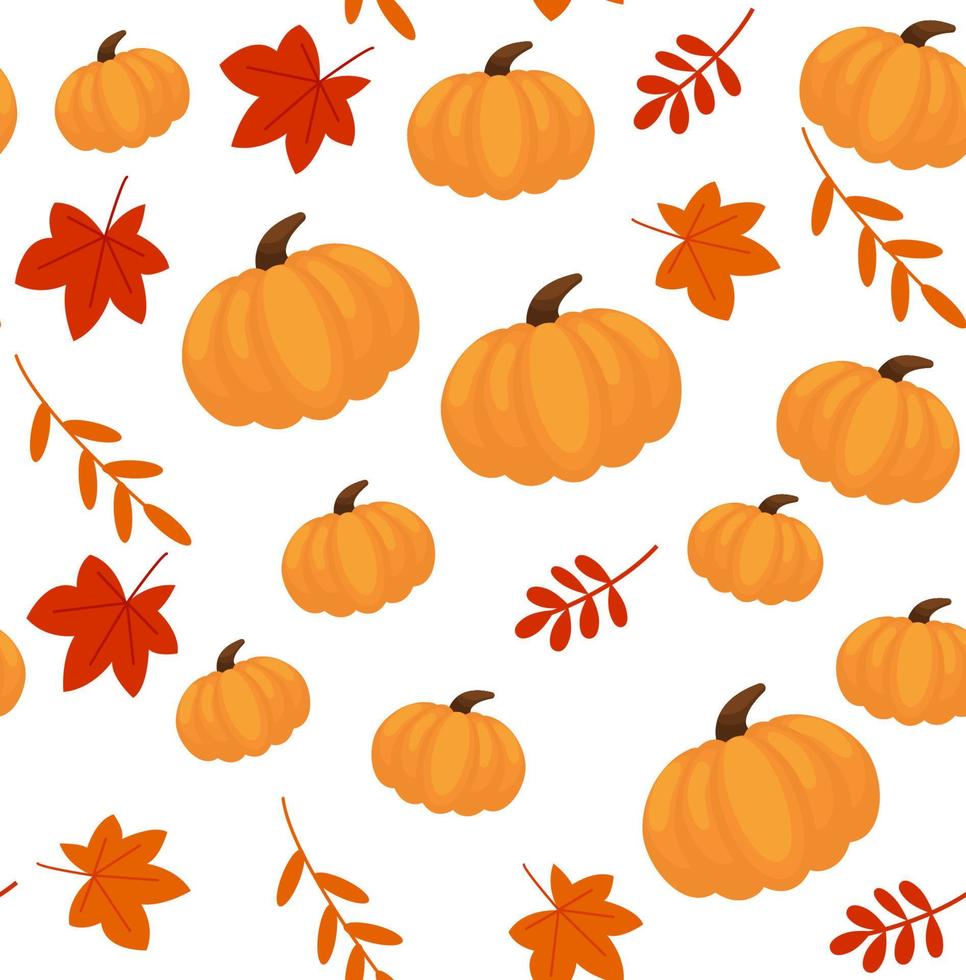 Seamless pattern with hand drawn pumpkins and leaves. Cute design for Halloween or Thankful day. Vector vegetable illustration.
