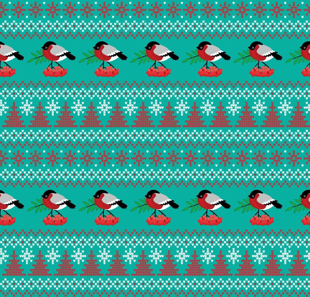 Knitted Christmas and New Year pattern in bullfinch. Wool Knitting Sweater Design. Wallpaper wrapping paper textile print. Eps 10 vector