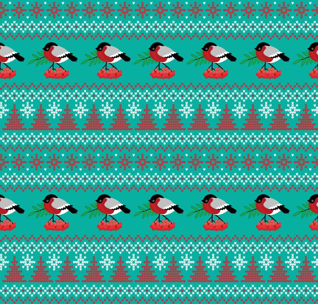 Knitted Christmas and New Year pattern in bullfinch. Wool Knitting Sweater Design. Wallpaper wrapping paper textile print. Eps 10 vector