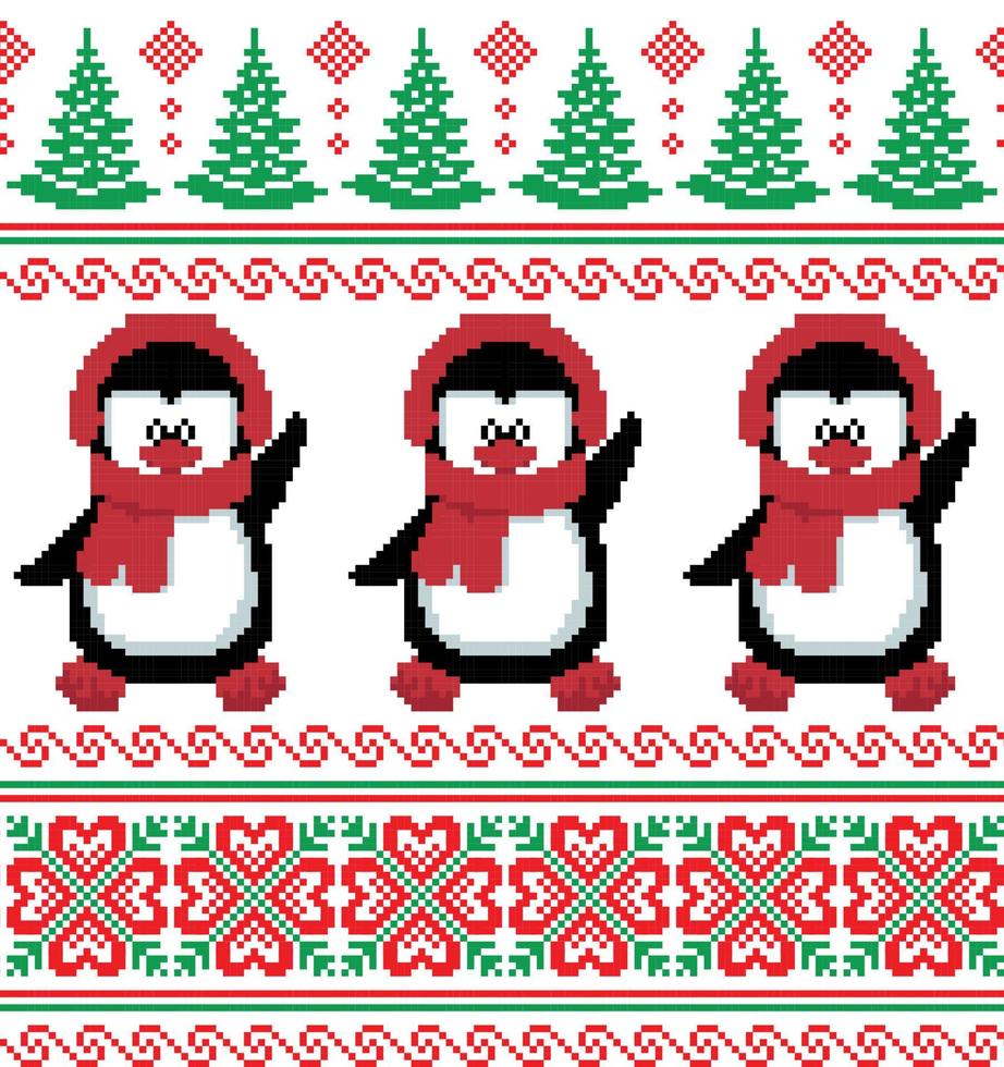 pixel de patrón de navidad de año nuevo en ilustración de vector de pingüinos