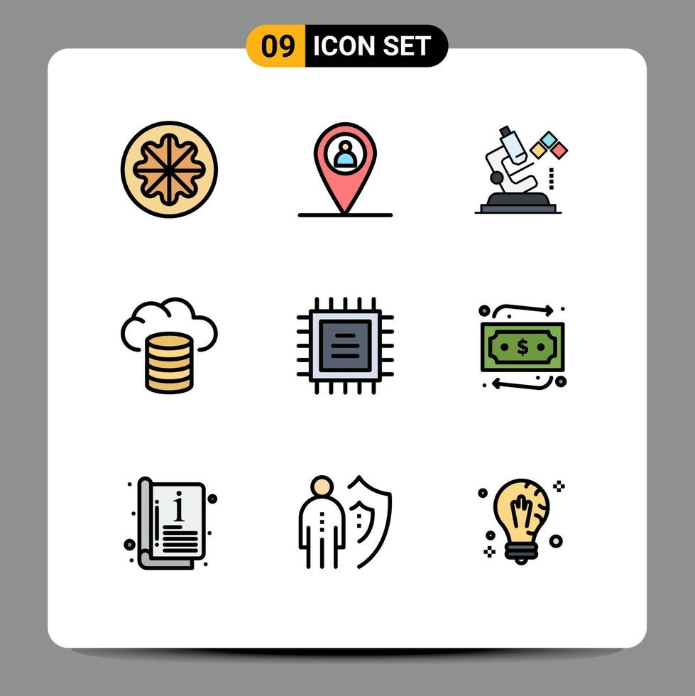 Pack of 9 Modern Filledline Flat Colors Signs and Symbols for Web Print Media such as cpu chip microscope hosting backup Editable Vector Design Elements
