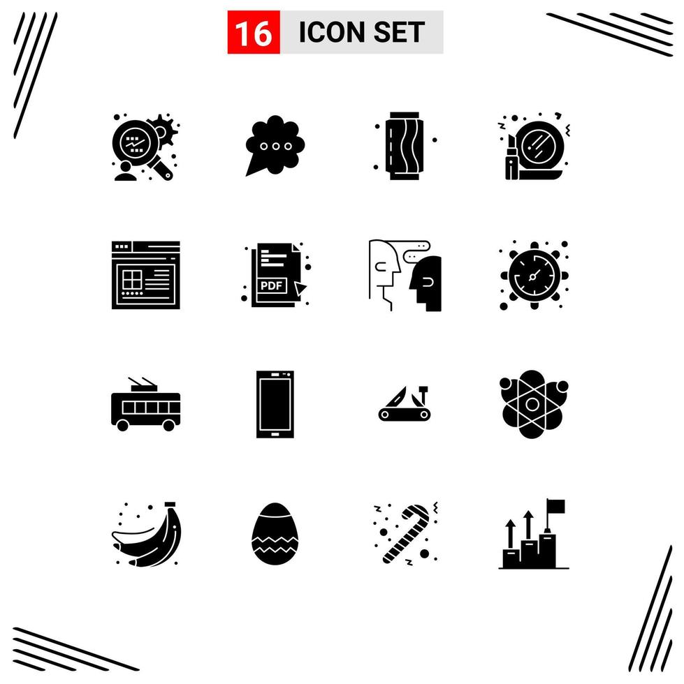 Modern Set of 16 Solid Glyphs Pictograph of website page food internet mirror Editable Vector Design Elements