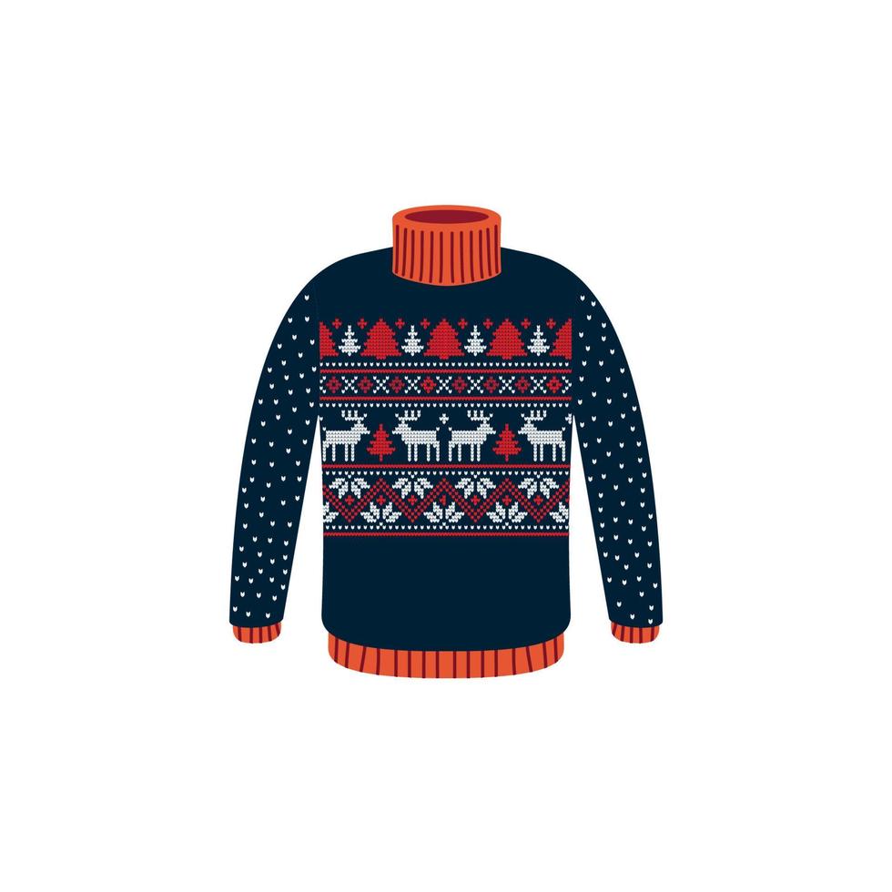 Vector ugly sweaters for Christmas party. Knitted jumpers with winter patterns esp