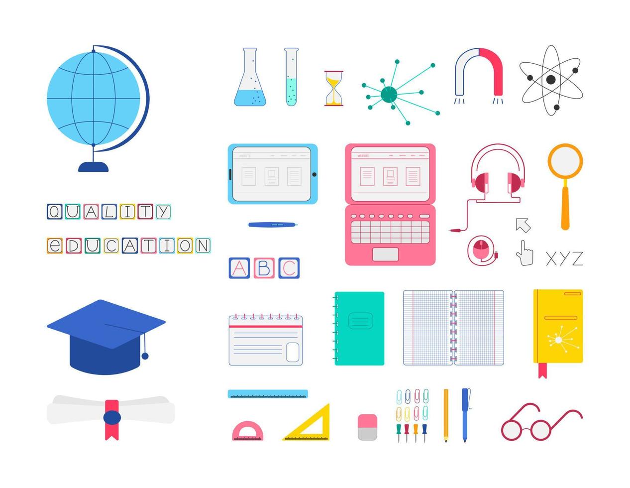 gran colección de equipos educativos y suministros de oficina para estudiar en línea o fuera de línea, elementos de diseño de colores vectoriales sobre fondo blanco vector