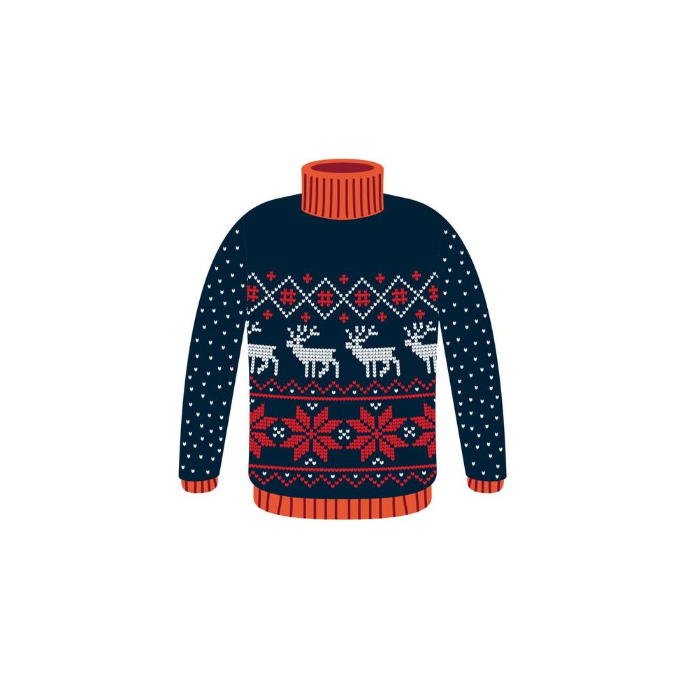Vector ugly sweaters for Christmas party. Knitted jumpers with winter patterns esp