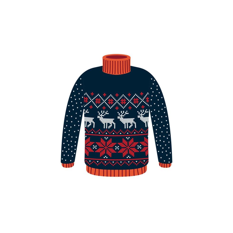 Vector ugly sweaters for Christmas party. Knitted jumpers with winter patterns esp