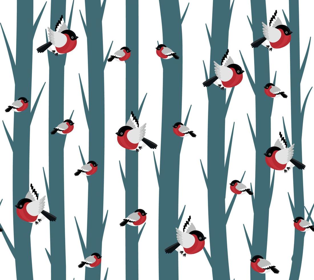 Seamless pattern of bullfinch and snow. vector