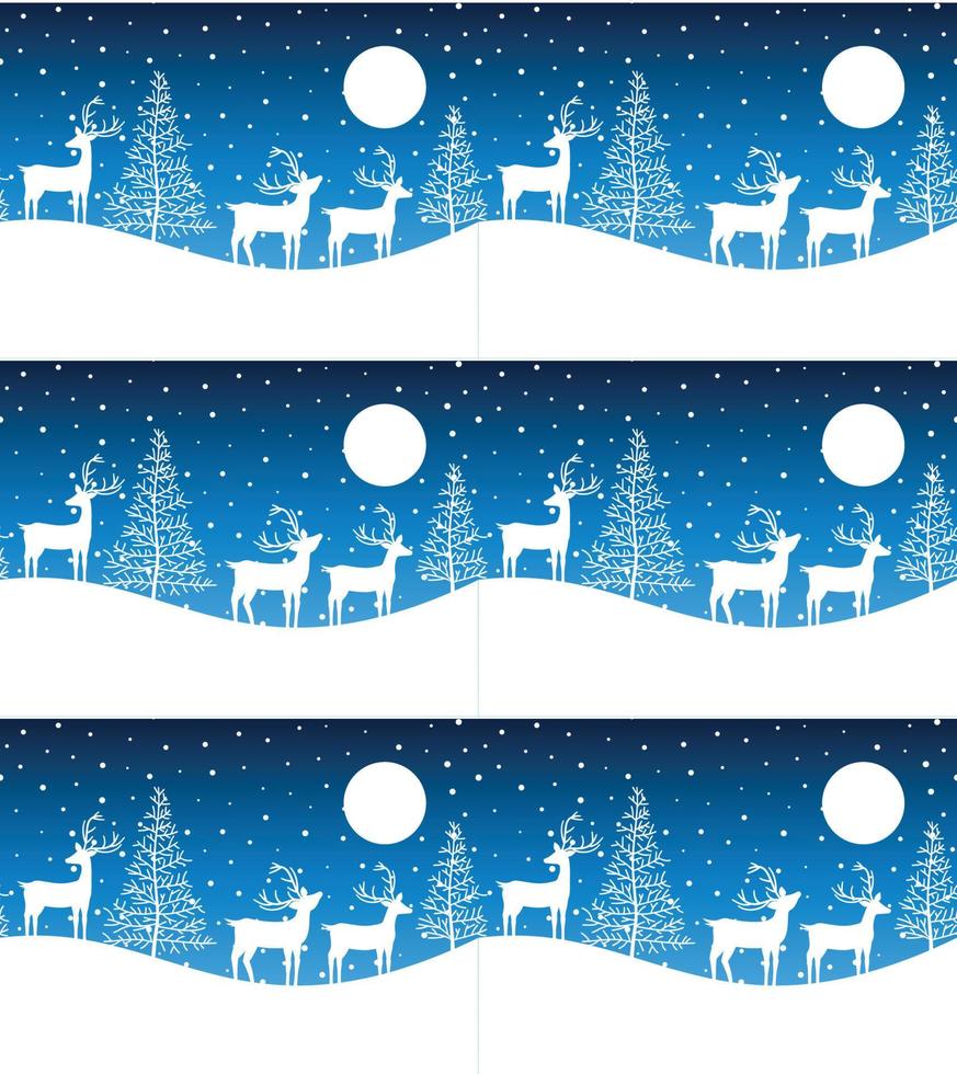 Seamless Merry Christmas pattern with deers, winter abstraction. Forest background. Endless horizontal banner with Reindeers in snow. Hand drawn paper decorative elements, vector illustration.