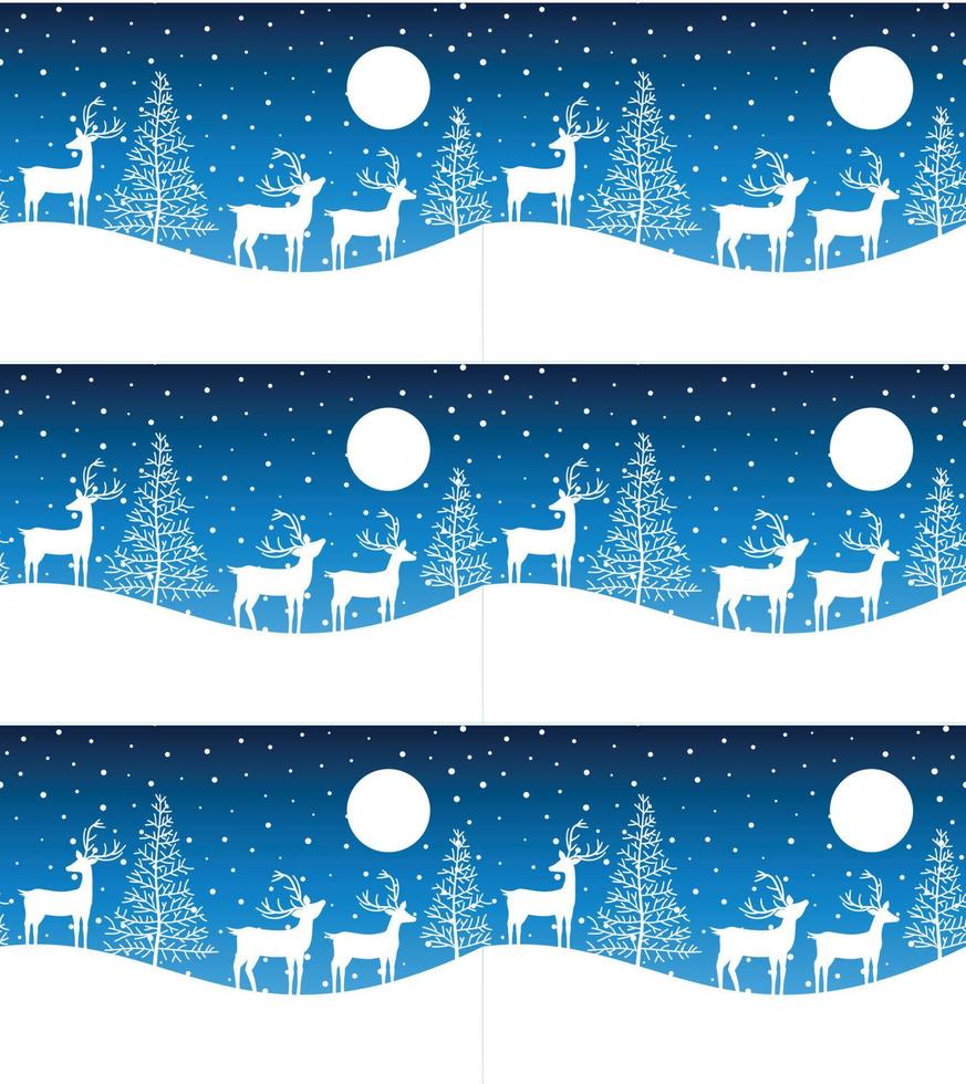 Seamless Merry Christmas pattern with deers, winter abstraction. Forest background. Endless horizontal banner with Reindeers in snow. Hand drawn paper decorative elements, vector illustration.