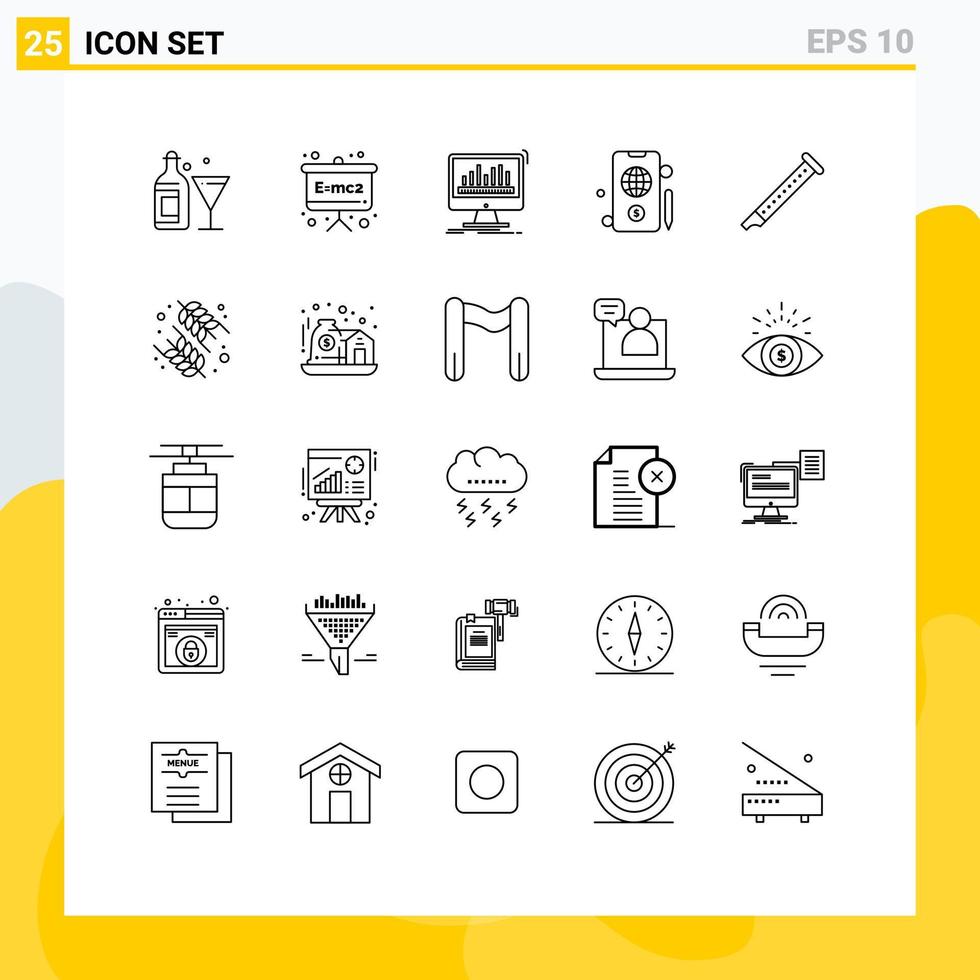 25 Thematic Vector Lines and Editable Symbols of flute dollar analytics globe stats Editable Vector Design Elements