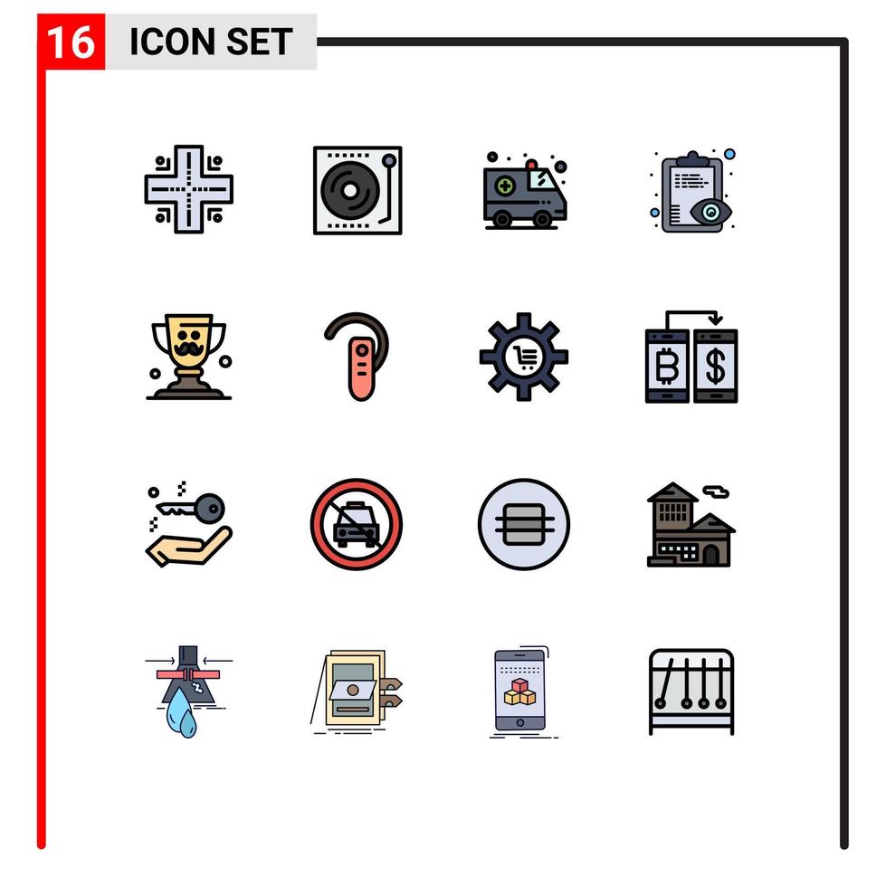 Pack of 16 creative Flat Color Filled Lines of father cup ambulance clipboard overview Editable Creative Vector Design Elements