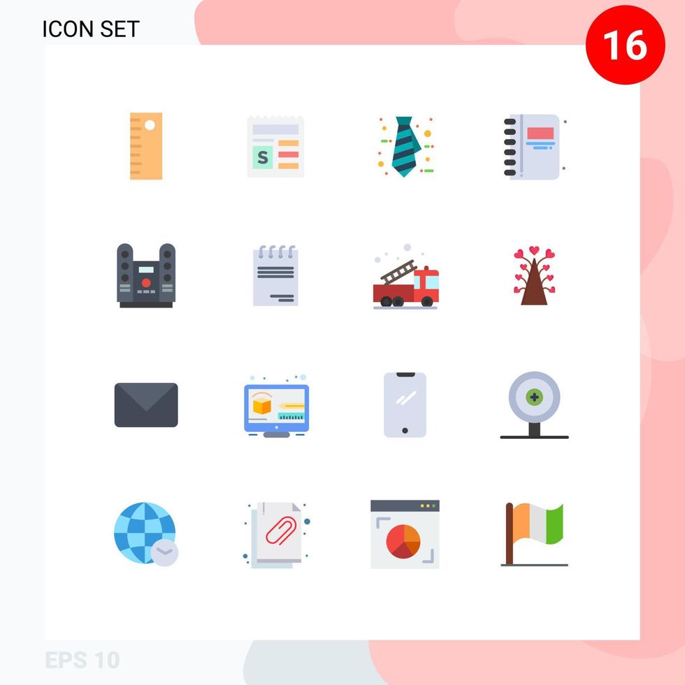 16 Flat Color concept for Websites Mobile and Apps notepad spotlight tie concert open book Editable Pack of Creative Vector Design Elements