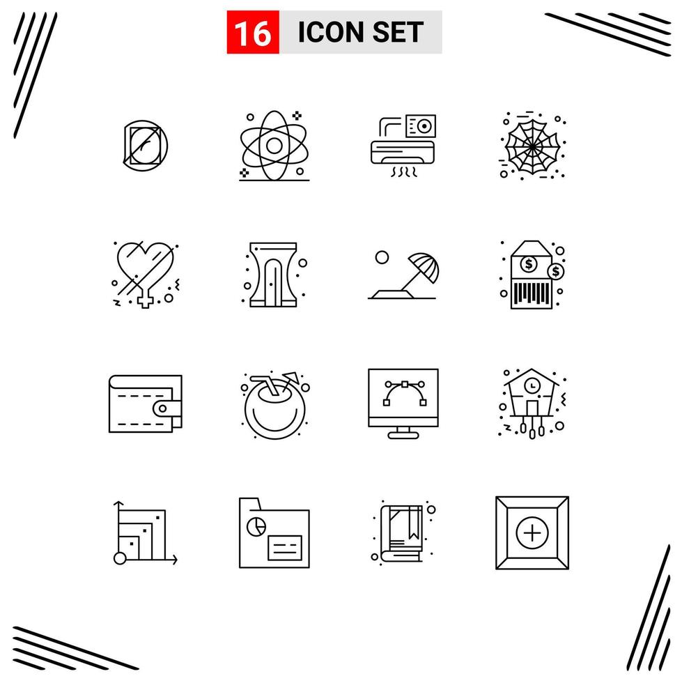 Group of 16 Outlines Signs and Symbols for gender web medical spider room Editable Vector Design Elements