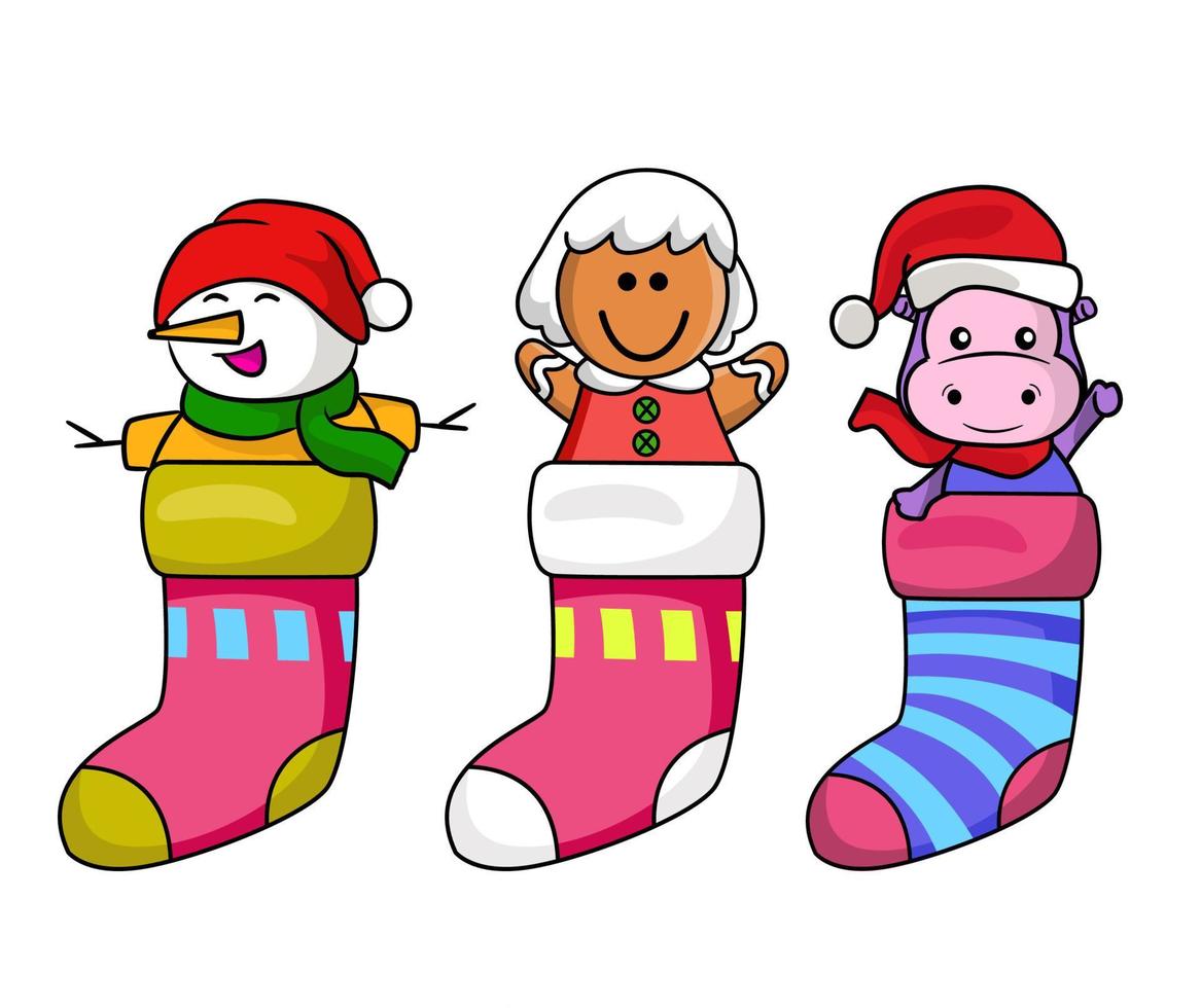 lindo personaje navideño en calcetín, adecuado para tarjetas de felicitación. aislado en el fondo vector