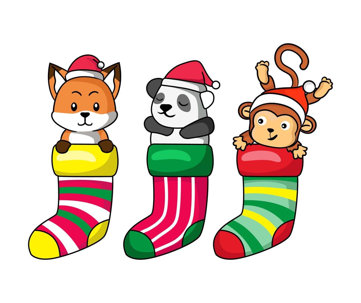 Cute Christmas character in sock, suitable for greeting card. Isolated on background vector