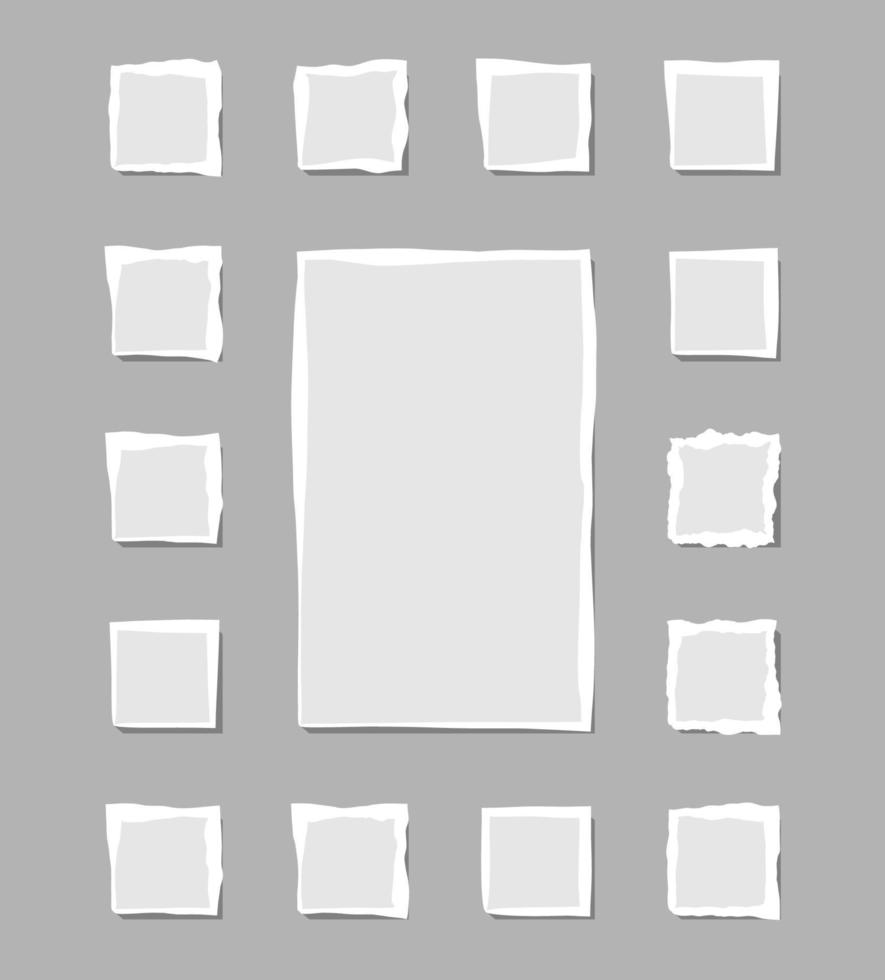 Set of torn white note. Scraps of torn paper of various shapes isolated on gray background. Vector illustration.