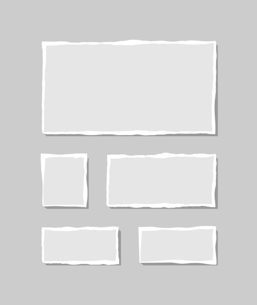 Set of torn white note. Scraps of torn paper of various shapes isolated on gray background. Vector illustration.