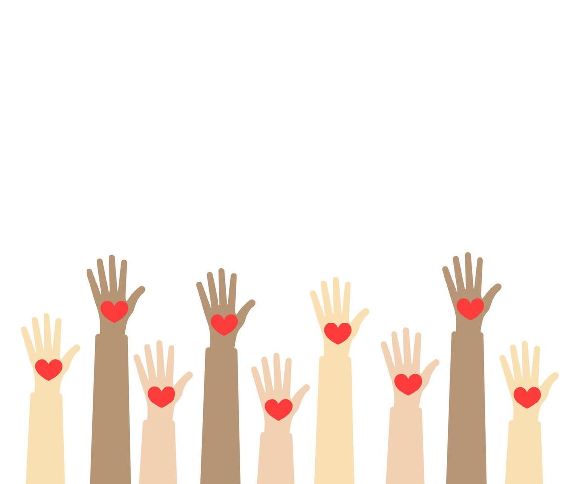 Hands of diverse group of people putting together. Cooperation, togetherness, partnership, agreement, teamwork, vector