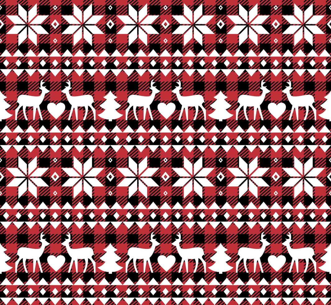 Buffalo plaid Christmas Jingle Bells on the background of the music page. Festive seamless pattern. Vector illustration.
