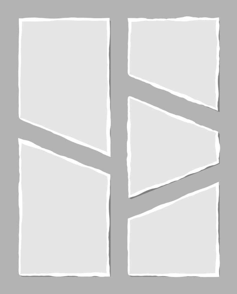 Set of torn white note. Scraps of torn paper of various shapes isolated on gray background. Vector illustration.