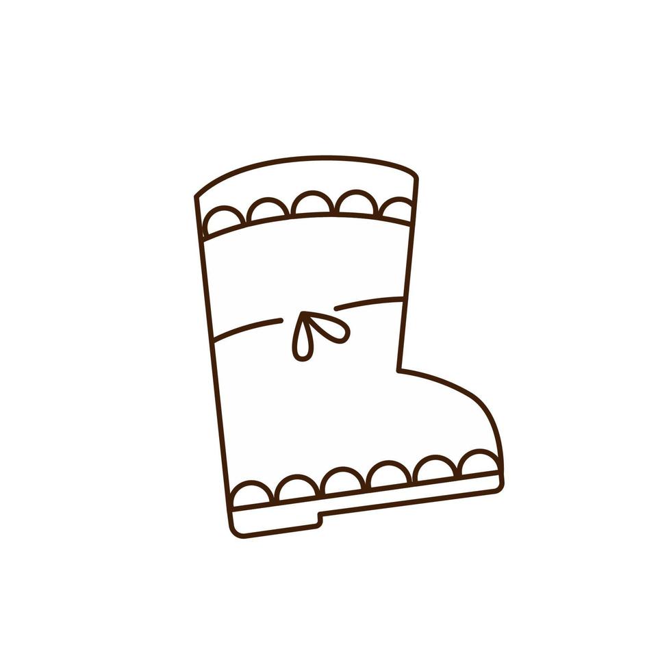 Cute cartoon rubber boot with girlish pattern and little bow. Doodle outline black and white vector drawing.