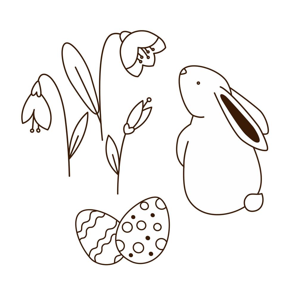 Easter bunny, eggs and spring flowers outline doodle vector illustration set for coloring pages.