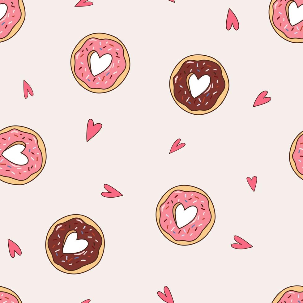 donuts de chocolate de san valentín y patrones sin fisuras de corazones rosas vector