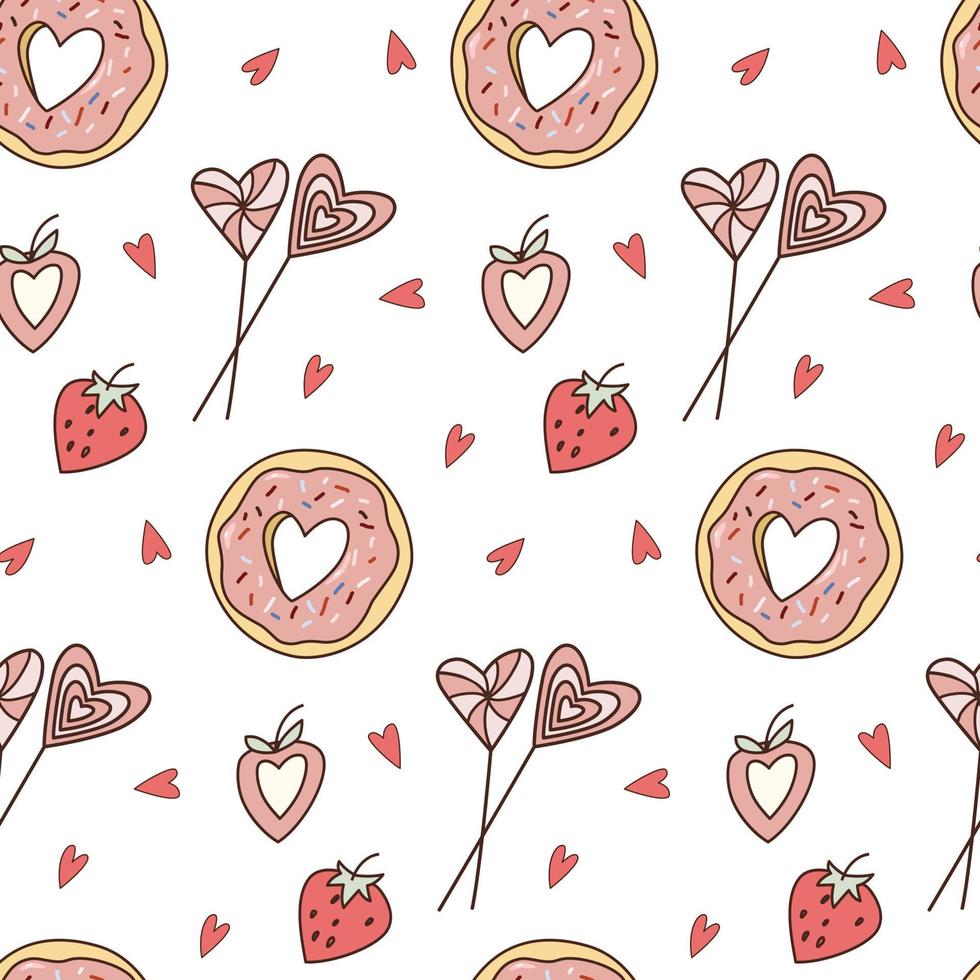 Valentine's day cartoon pink and red color seamless pattern. Doodle candies, donuts, strawberries and hearts. vector