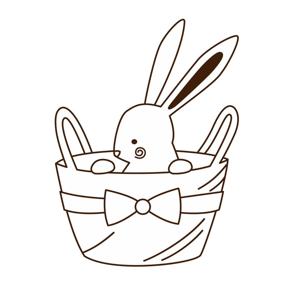 conejo de pascua de dibujos animados sentado en una canasta con cinta. esquema de dibujo de garabatos. página para colorear de niños con conejito. vector