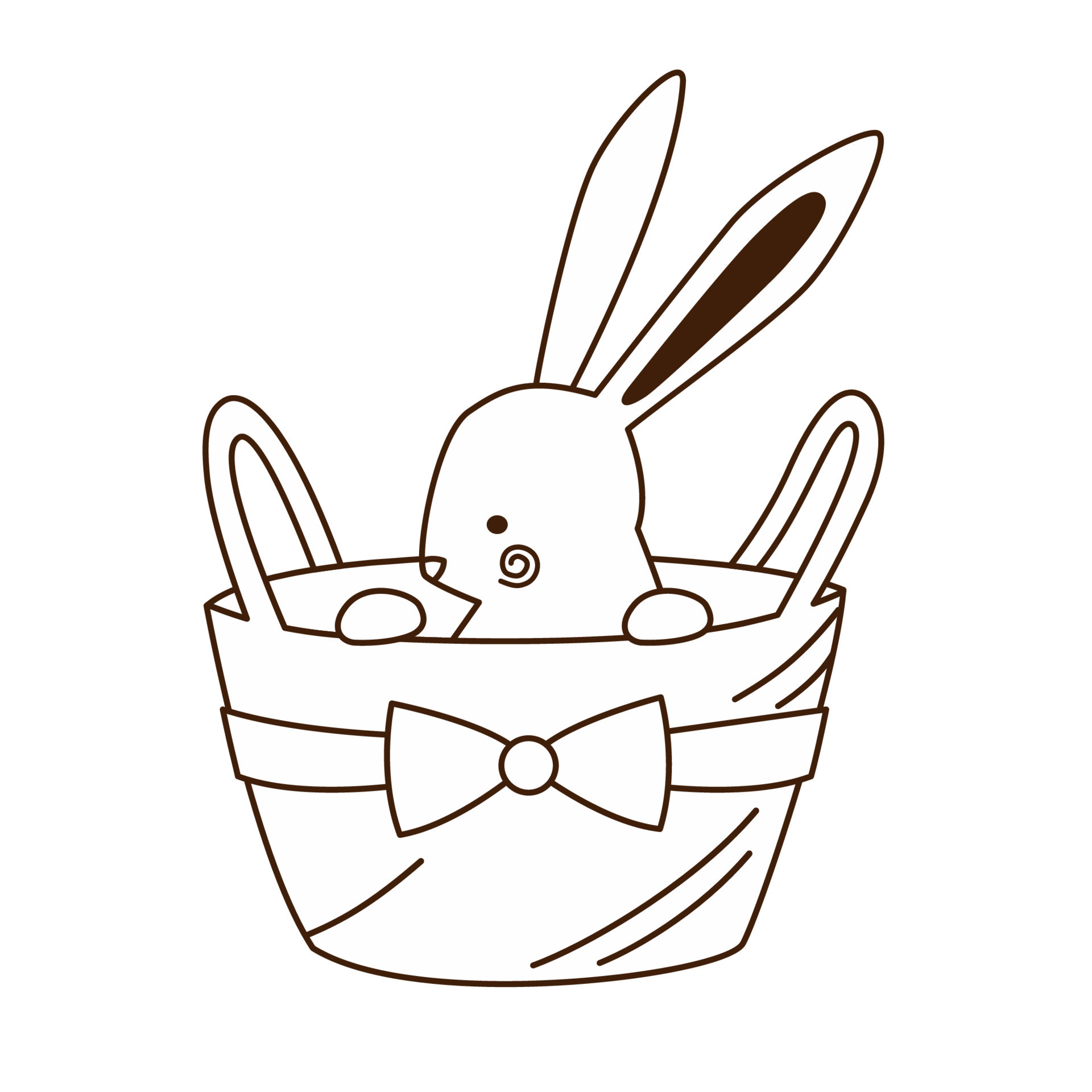 Cartoon Easter rabbit sitting in a basket with ribbon Outline doodle