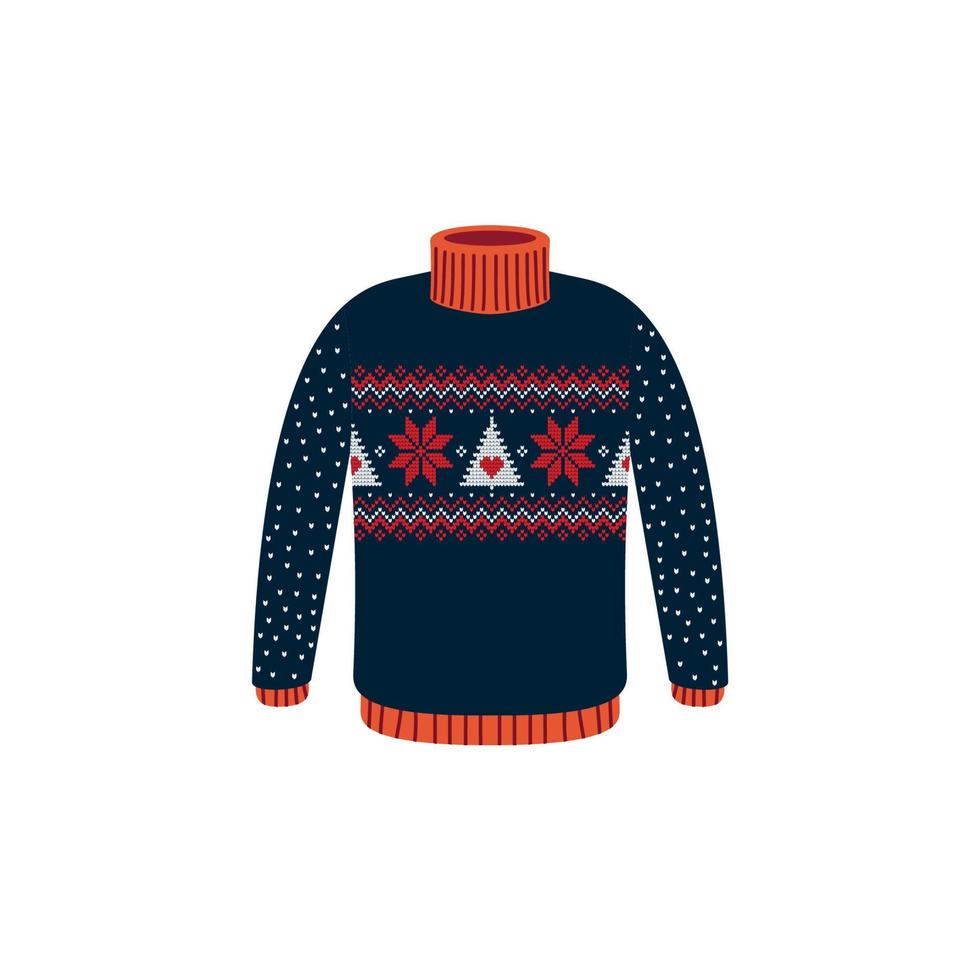 Vector ugly sweaters for Christmas party. Knitted jumpers with winter patterns esp