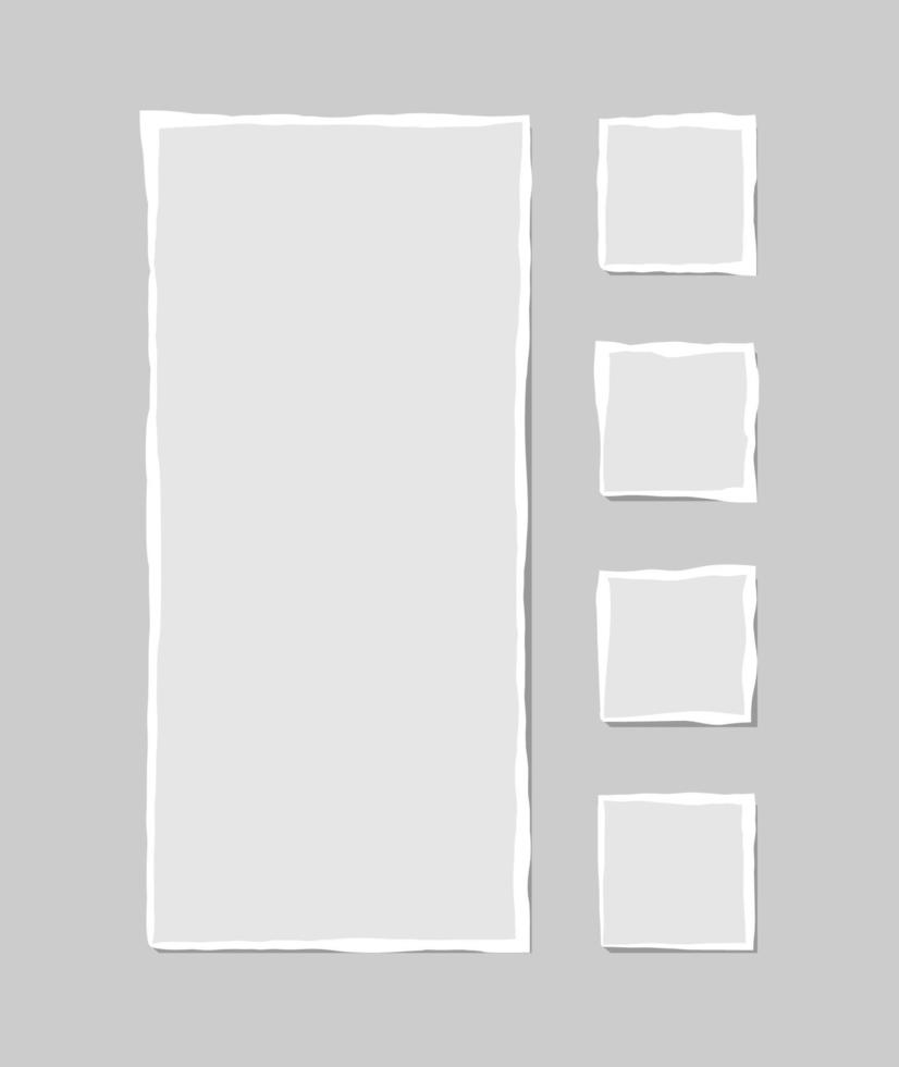 Set of torn white note. Scraps of torn paper of various shapes isolated on gray background. Vector illustration.