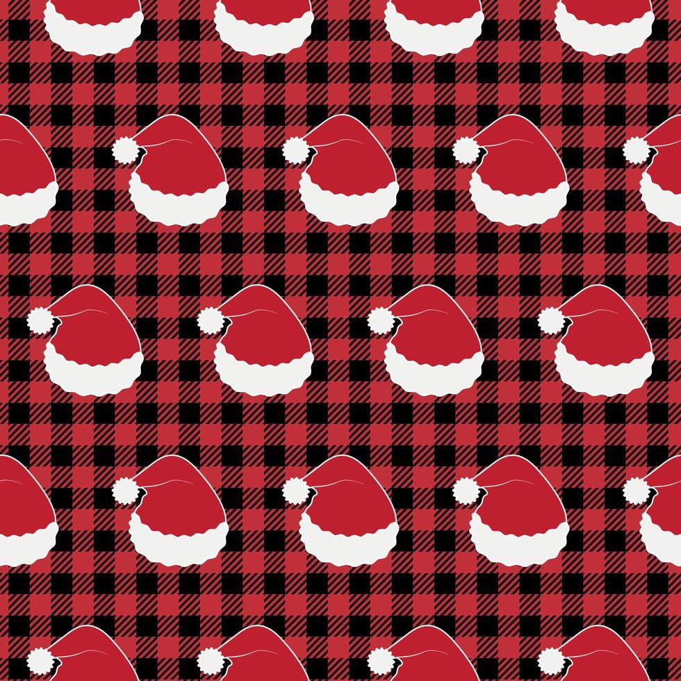 Buffalo plaid Christmas Jingle Bells on the background of the music page. Festive seamless pattern. Vector illustration.