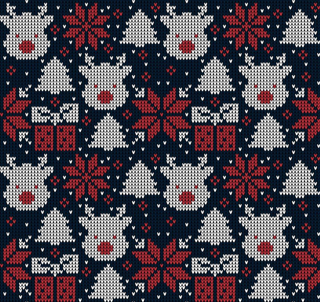Knitted Christmas and New Year pattern. Wool Knitting Sweater Design. Wallpaper wrapping paper textile print. Eps 10 vector