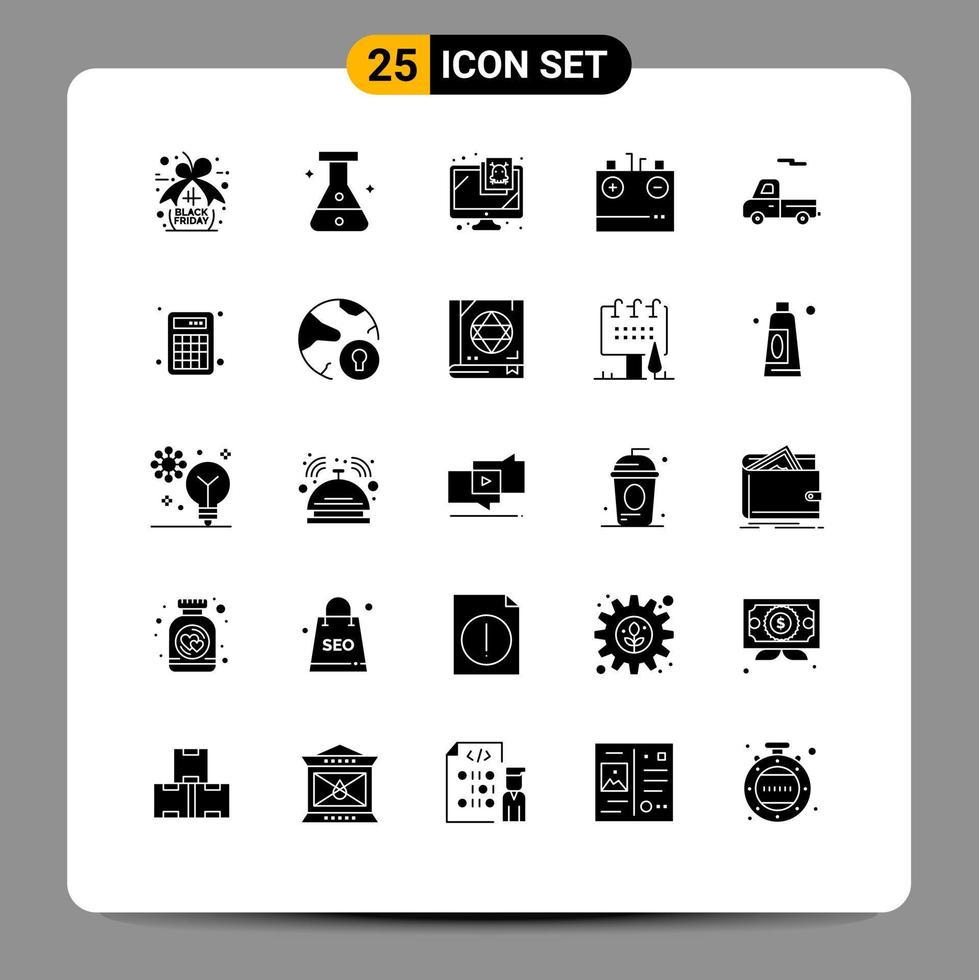 Solid Glyph Pack of 25 Universal Symbols of truck car security energy charging Editable Vector Design Elements