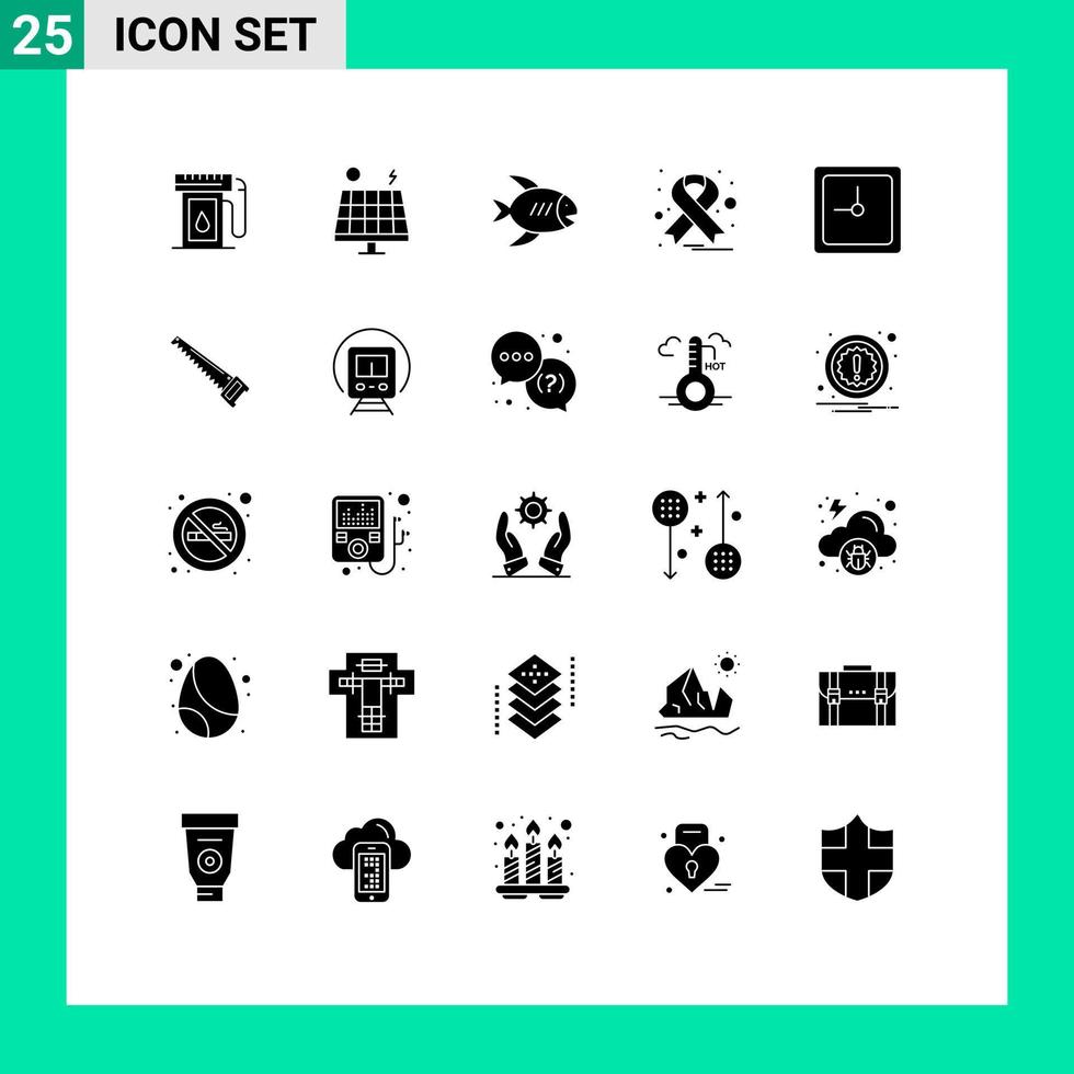 Mobile Interface Solid Glyph Set of 25 Pictograms of time clock beach ribbon cancer Editable Vector Design Elements