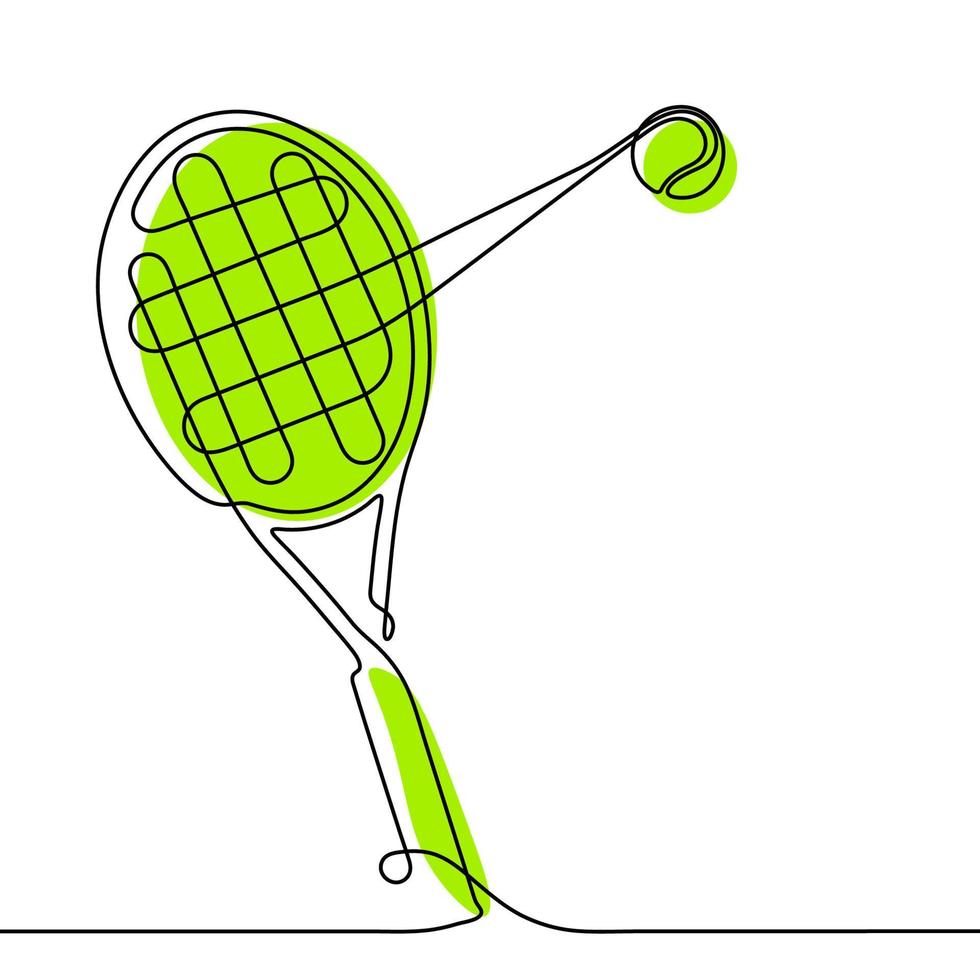 raqueta de tenis y pelota en una línea continua. banner para diseño deportivo. equipo de tenis Estilo de vida activo. vector