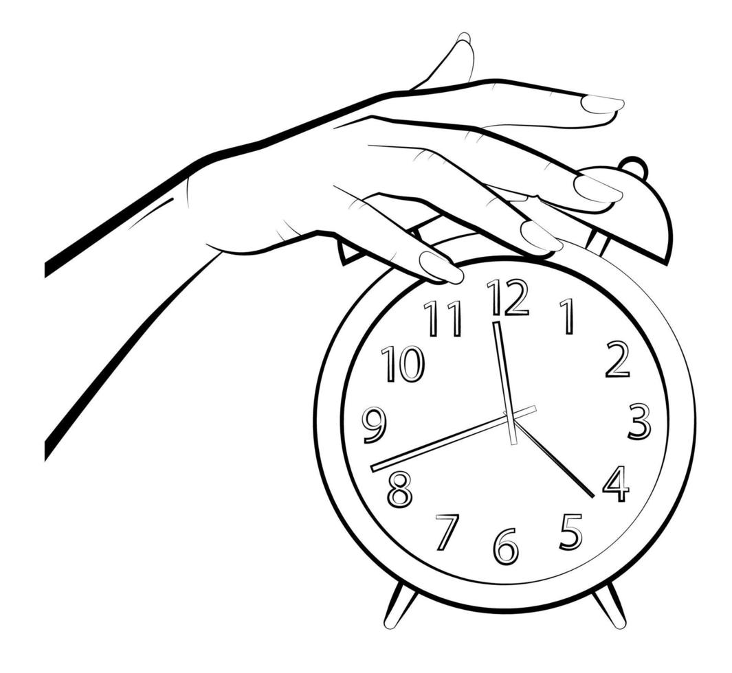 woman hand turns off the alarm. Fatigue and insomnia. Time to wake up concept. Vector