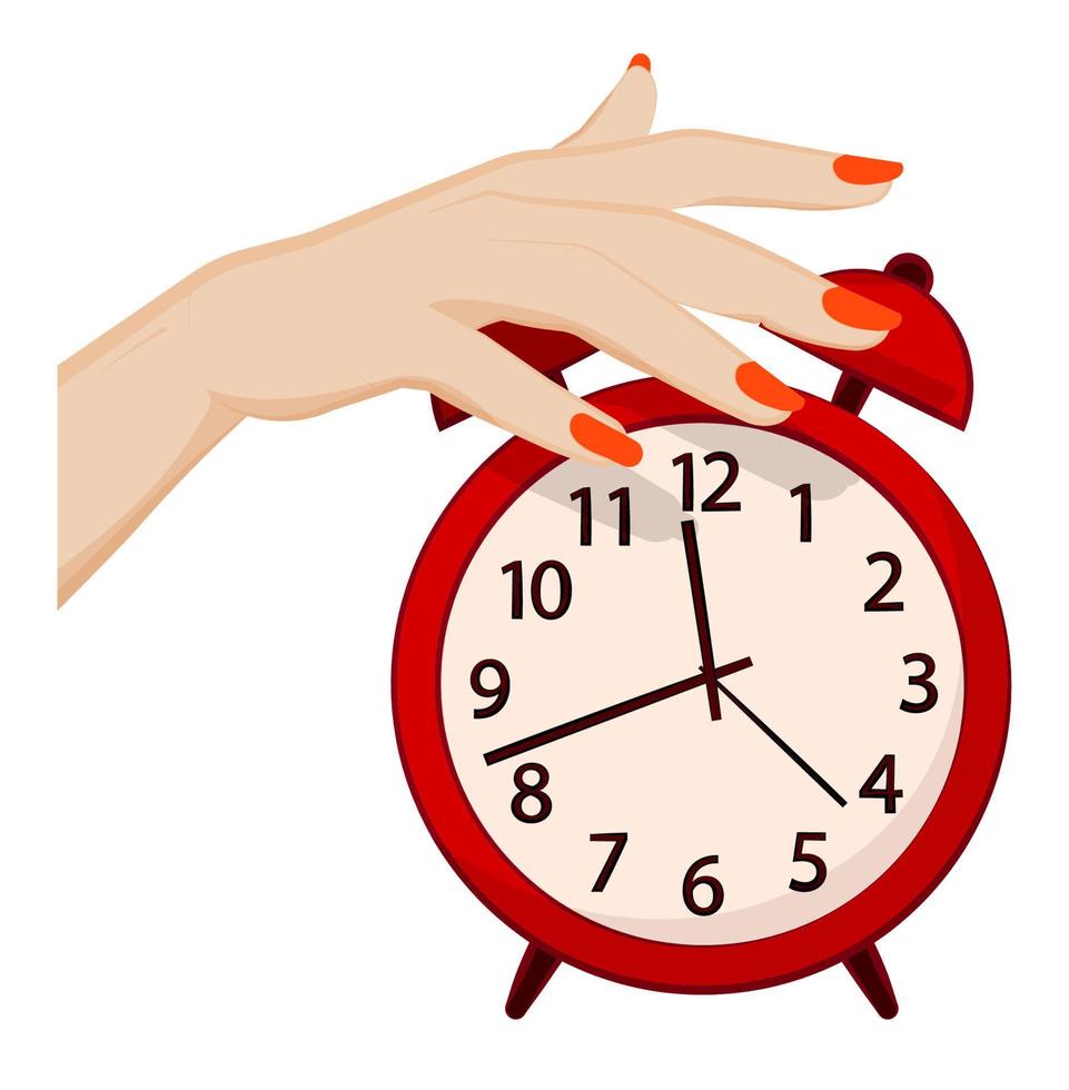 woman hand turns off the alarm. Fatigue and insomnia. Time to wake up concept. Cartoon vector