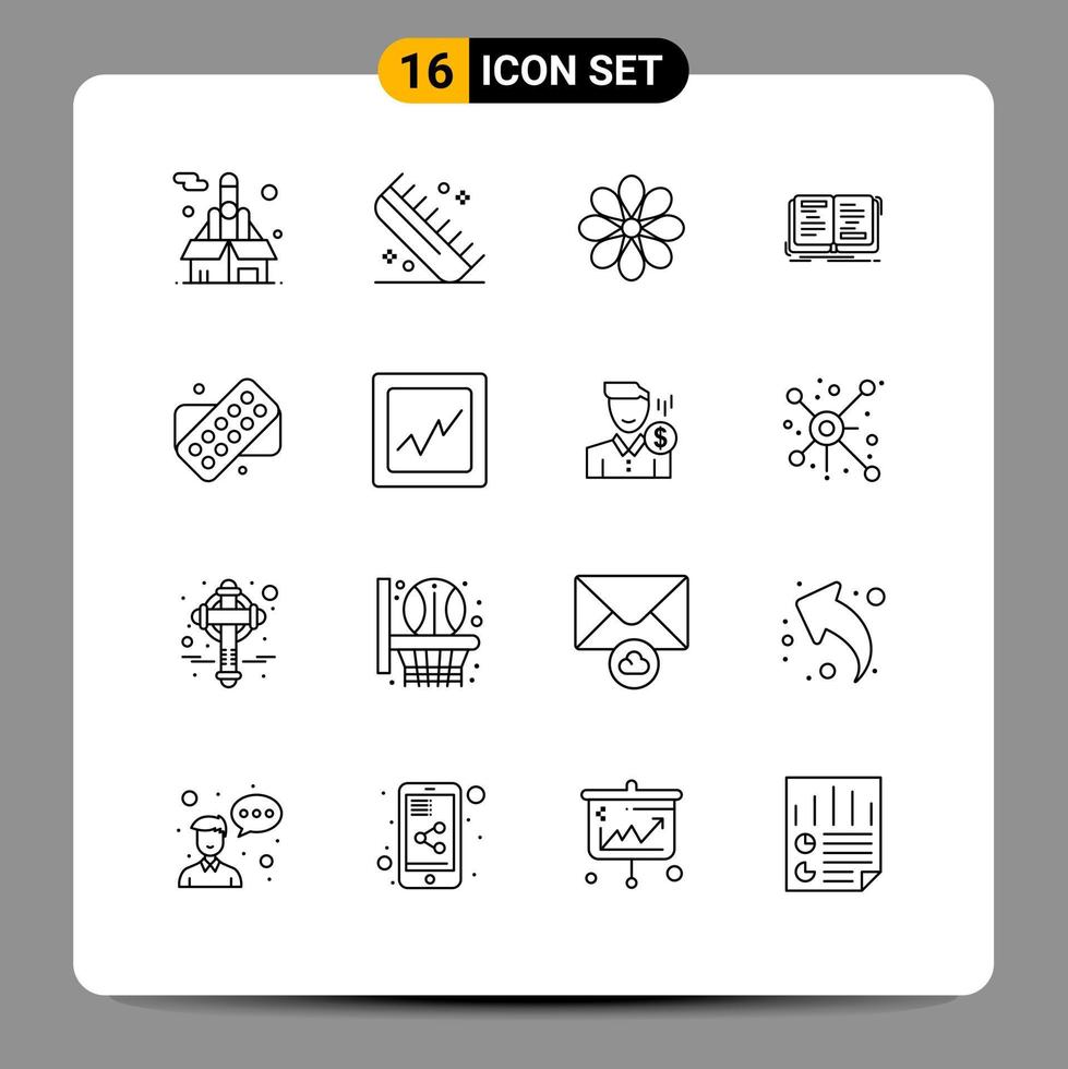 Modern Set of 16 Outlines Pictograph of writing novel salon book flower Editable Vector Design Elements