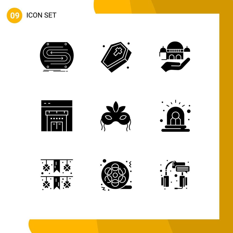 paquete de 9 signos y símbolos de glifos sólidos modernos para medios de impresión web, como compras de disfraces, donación de tiendas espeluznantes, elementos de diseño de vectores editables