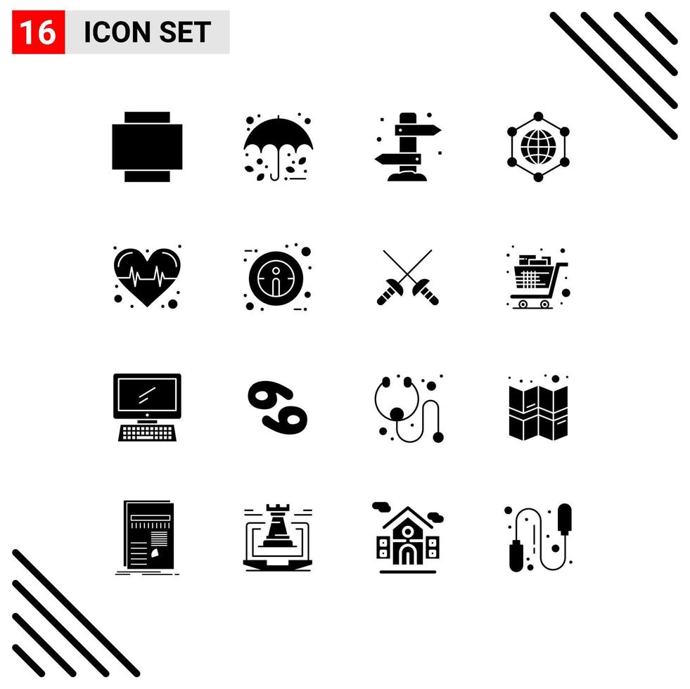 Modern Set of 16 Solid Glyphs and symbols such as info heart summer health globe Editable Vector Design Elements