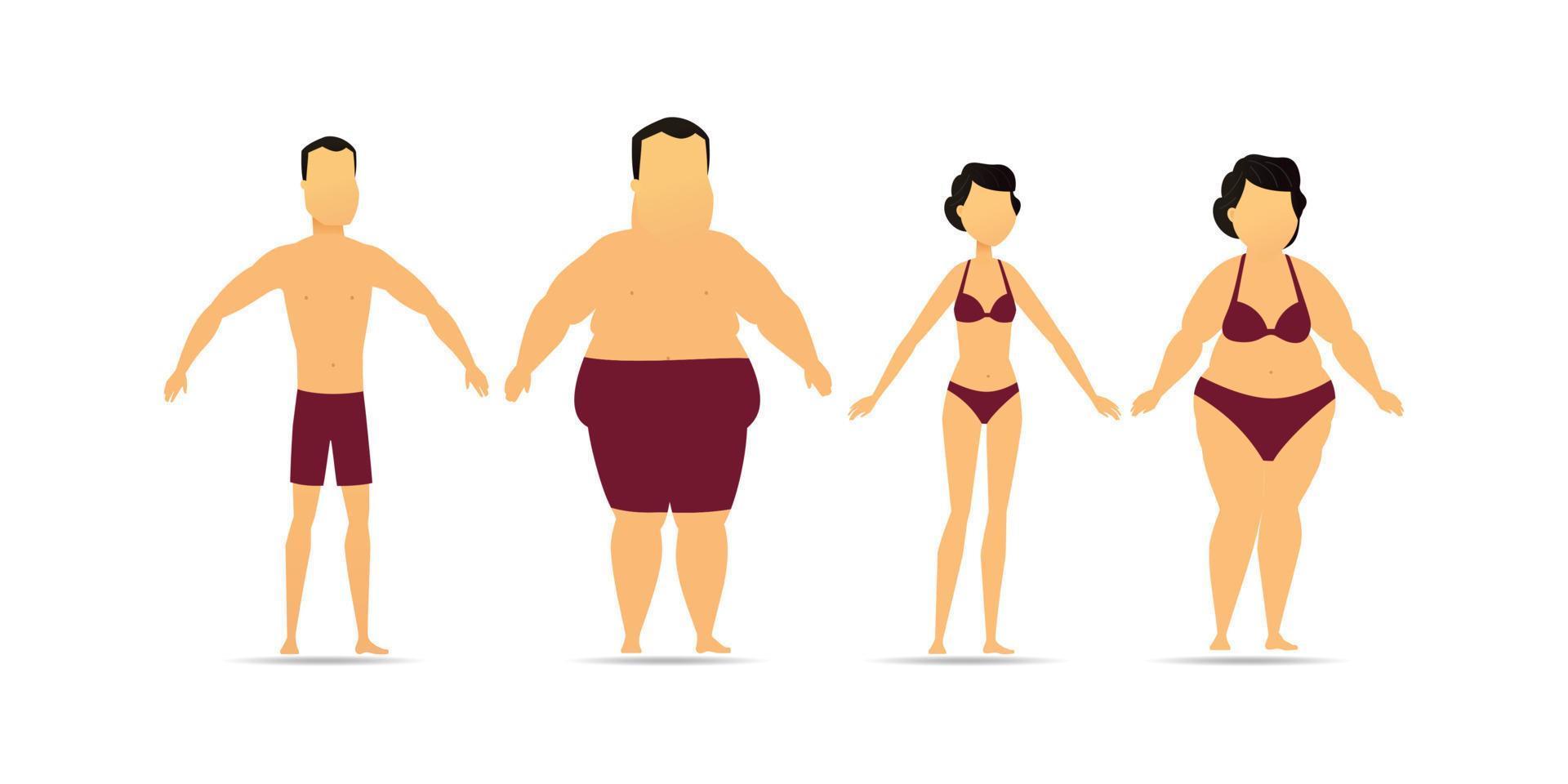 Obese and slim women and men isolated on a white background. Vector illustration.