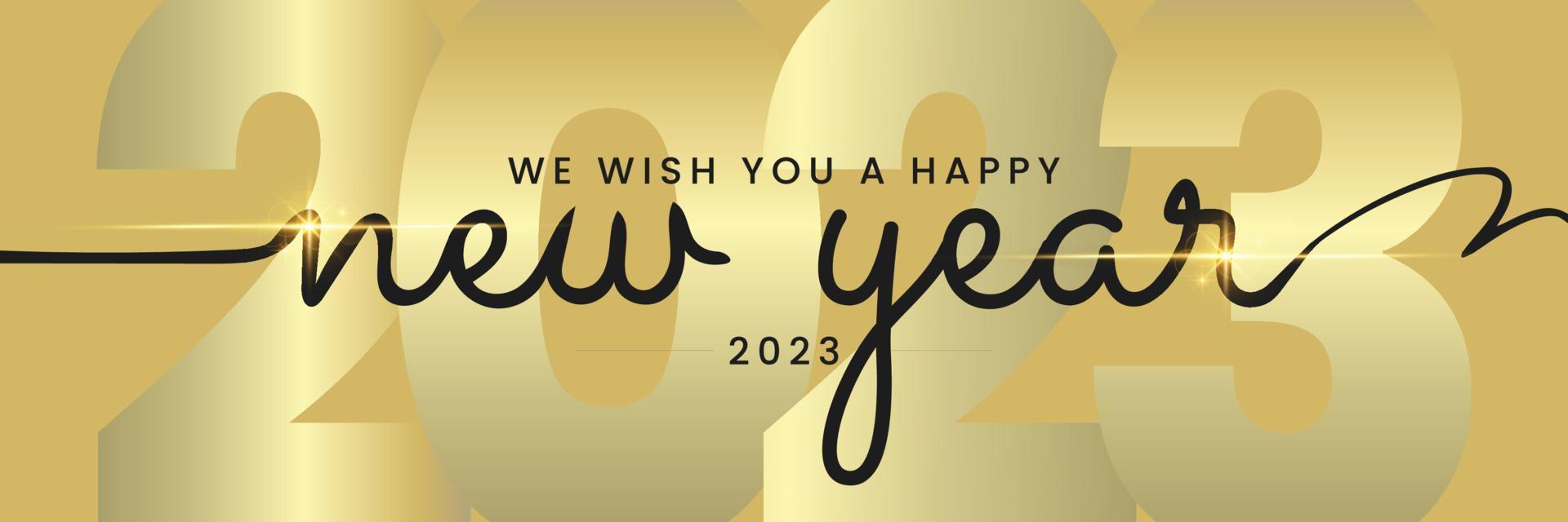 feliz año nuevo 2023 oro tipografía manuscrita fuegos artificiales ligeros y oro 2023 fondo papel tapiz banner vector