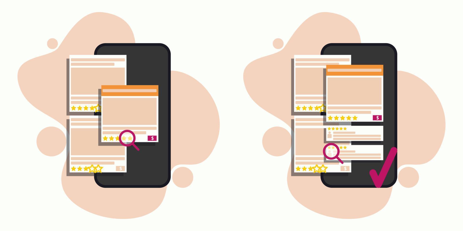 Check product reviews on the online shop application on a mobile phone. Vector free minimalist background